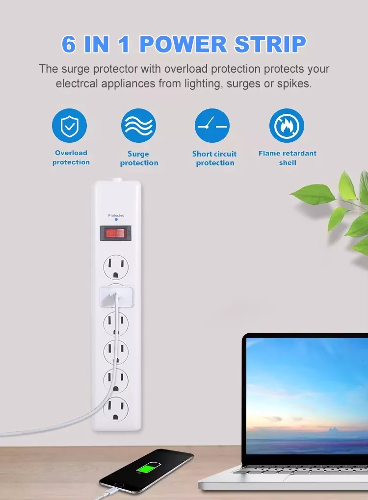 4FT US Power Strip with Surge Protector and Overload Protection